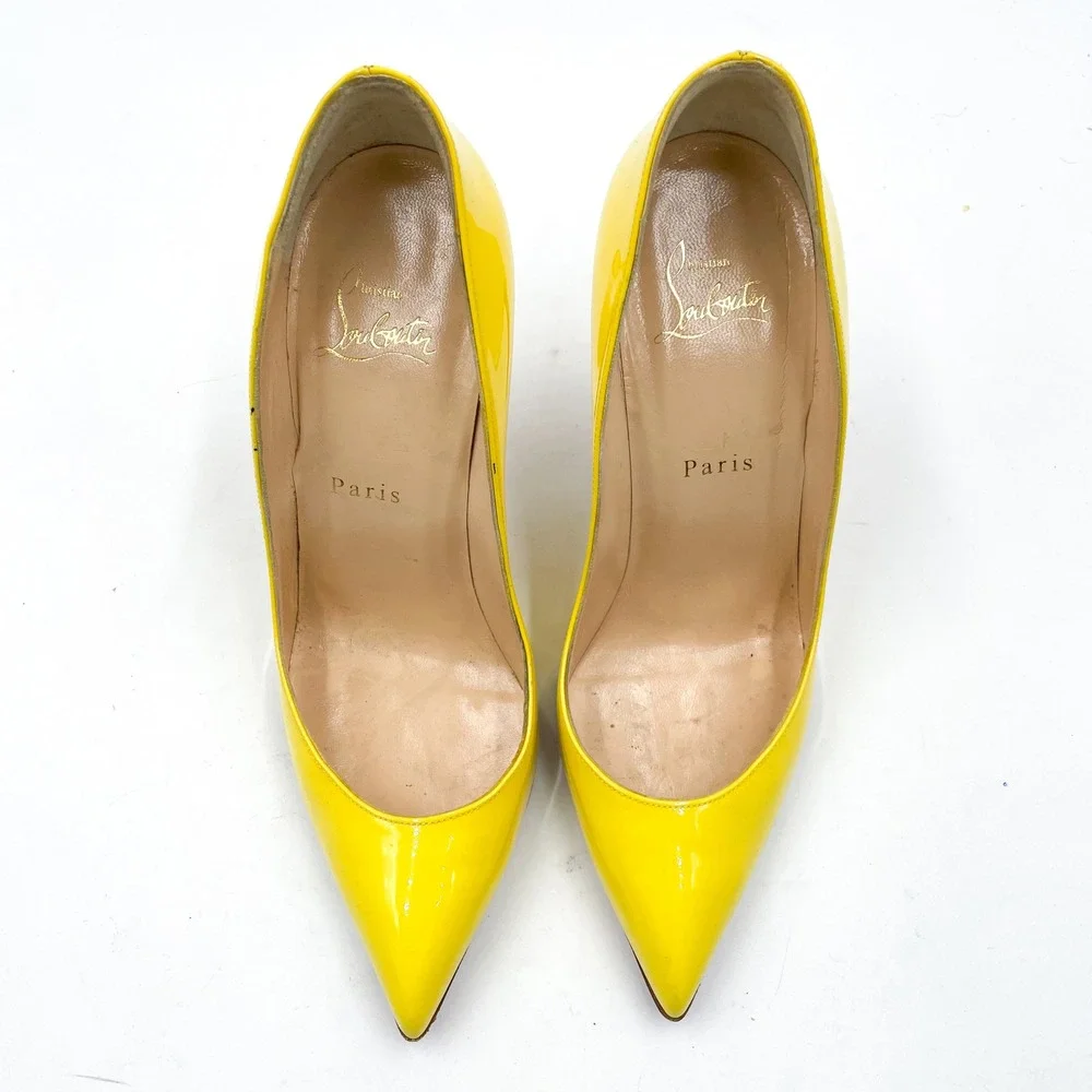 Christian Louboutin‎ So Kate Pumps Yellow Patent Leather Pointed Heels Sz 38 / 8
